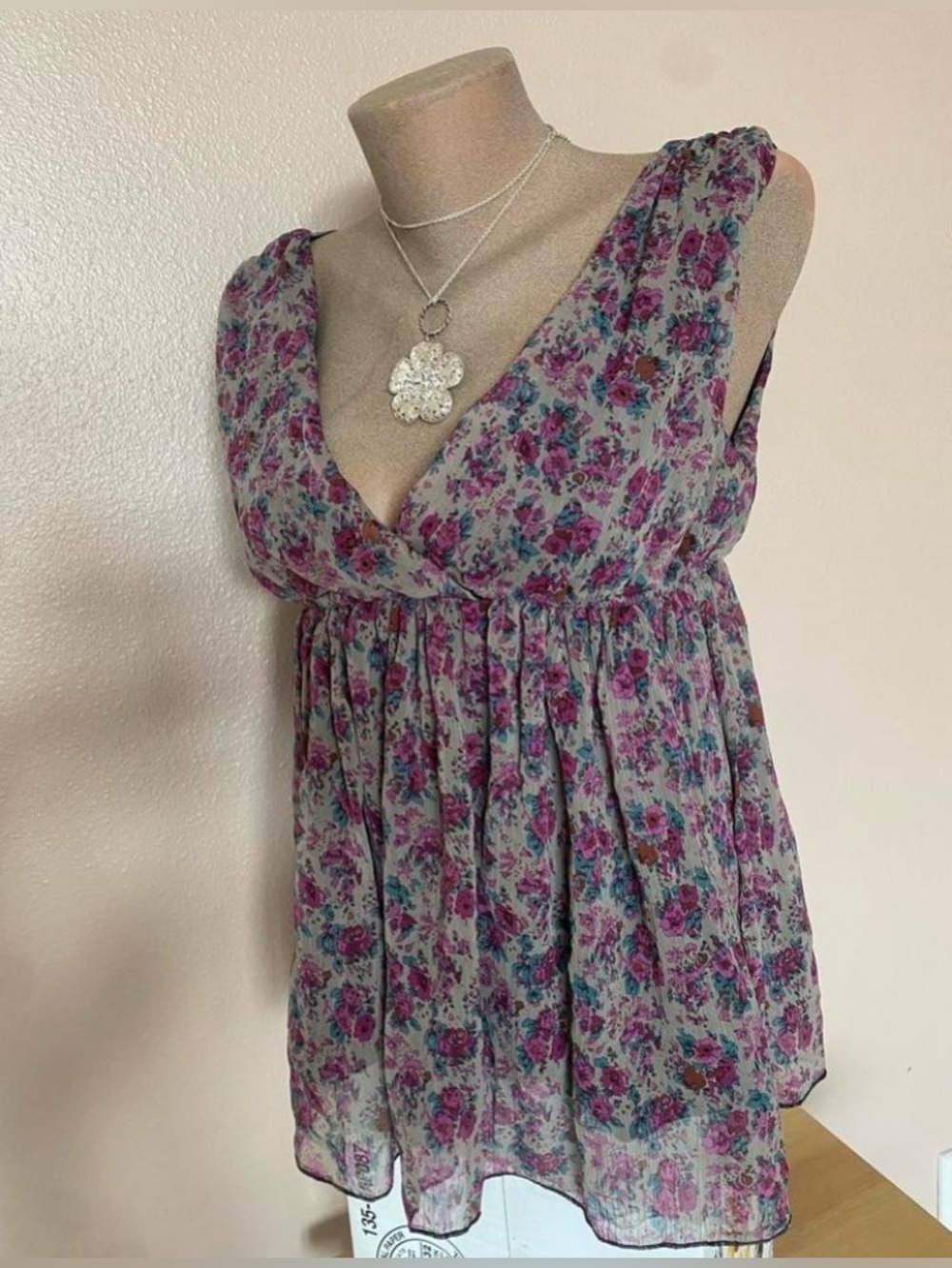 Y2k Pink & Turquoise Flowy Floral V Neck Babydoll Top